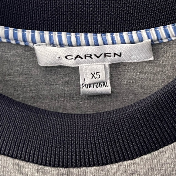 Carven Grey T-shirt Blouse Two In One with Pinstripe Flared Hem Dressy Casual XS - Picture 4 of 8
